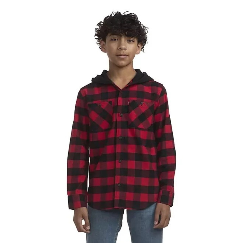 Levis Boys Hooded Flannel Shirt Size XL 14/16 Black Red Plaid Button Up